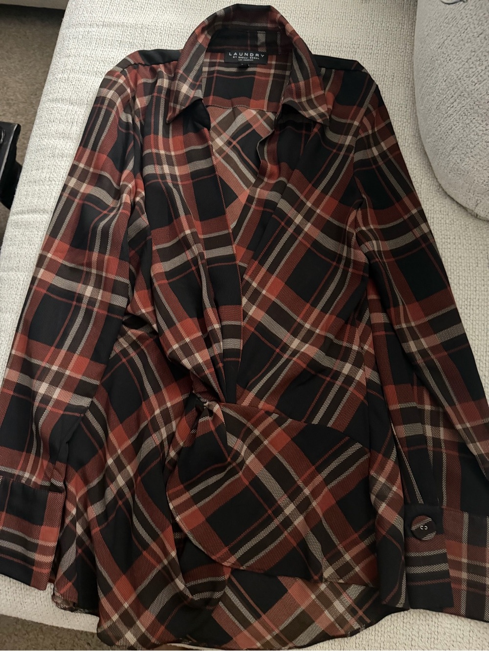 Laundry By Shelli Segal Black and Brown Plaid Twist-Front Blouse - Picture 2 of 4